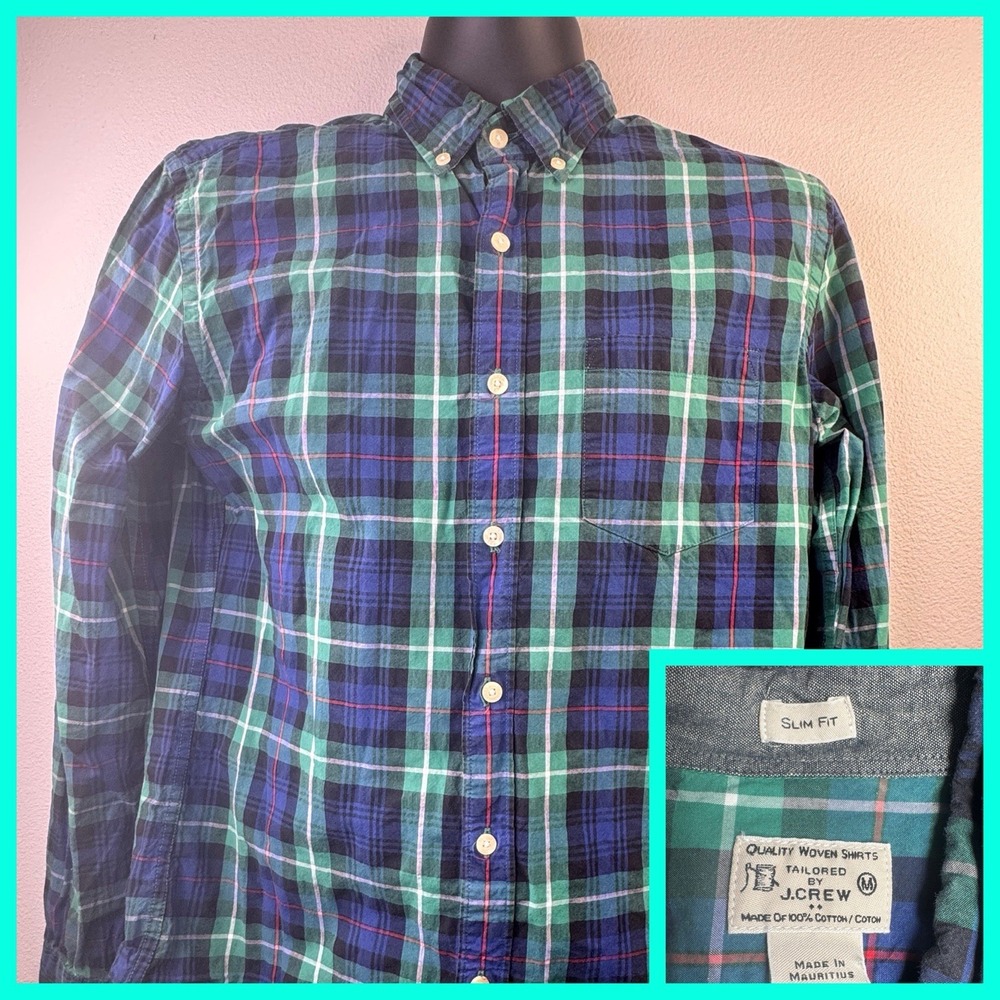 J.Crew Button Down Shirt Mens M Blue Green Plaid‎ Slim Fit Cotton Long Sleeve